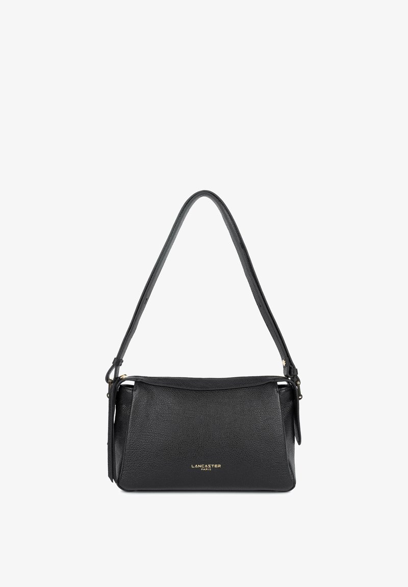 Schwarze Lederhandtasche mit strukturierter Oberfläche, kurzem Träger, goldenen Logo-Details und einer strukturierten rechteckigen Form.