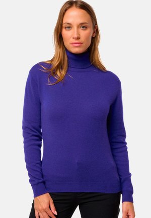 Pull à col roulé violet en tissu doux, avec des poignets et un ourlet côtelés, silhouette ajustée, texture lisse, design minimaliste, sans motifs.