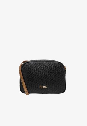 Borsa a tracolla rettangolare nera con trama intrecciata, dotata di tracolla regolabile marrone e logo "T CLASSE" in tonalità oro sulla parte anteriore.