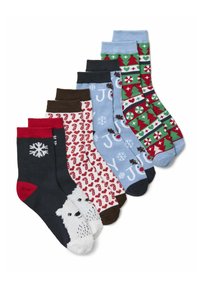Sei paia di calzini in vari colori e design. Include motivi di fiocchi di neve, bastoncini di zucchero e alberi di Natale. Materiale in maglia morbida.