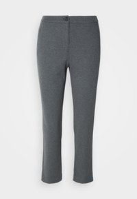 Grå bukser laget av mykt stoff, med knappelukking, rett bein-design og en jevn tekstur. Ingen lommer eller synlige mønstre.