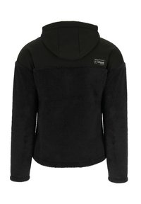 Zwarte fleece jack met een capuchon en een zachte, gestructureerde stof; bevat een contrasterend effen zwart bovenpaneel en een logo patch op de achterkant.