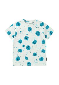 Vit kortärmad t-shirt med blå grafisk smiley-ansiktsmönster, som har olika uttryck. Materialet verkar mjukt och ventilerande.