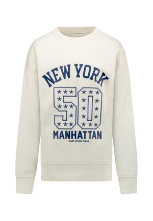 Witte lange mouwen ronde hals trui met blauwe tekst waarop staat New York, 50 met sterren, en Manhattan op de voorkant.
