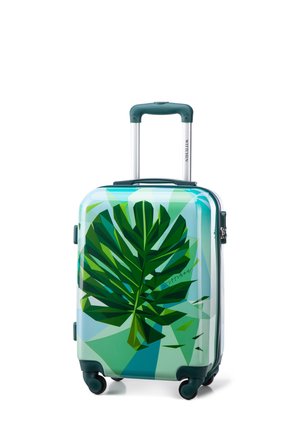 Hard-shell suitcase with a green leaf pattern on a light blue background, featuring a silver handle and four black wheels for easy mobility.