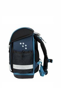 Blue and black backpack with mesh panel, top handle, adjustable straps, reflective accents, paw print details, and textured pattern on lower panel.