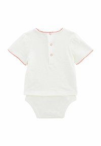 Body blanc pâle à manches courtes avec bordure rouge en forme de vague aux manches et à l'encolure, doté d'une fermeture à trois boutons dans le dos et d'une coupe ajustée en bas.