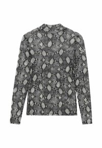 Lengemouwen shirt in grijs en zwart slangenprint, met een hoge halslijn en een zachte, gestructureerde stof met een slim fit ontwerp.