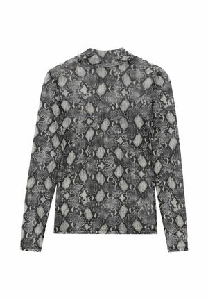 Långärmad skjorta i grå och svart ormskinnsprint, med hög krage och ett mjukt, texturerat tyg med smal passform.