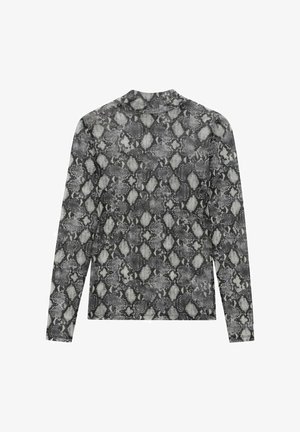 Långärmad skjorta i grå och svart ormskinnsprint, med hög krage och ett mjukt, texturerat tyg med smal passform.