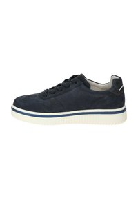 Navy blue suede sneaker with round toe, textured upper, six eyelets, and white rubber sole featuring a navy stripe. Minimalist design, no visible logos.