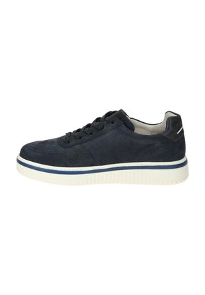 Navy blue suede sneaker with round toe, textured upper, six eyelets, and white rubber sole featuring a navy stripe. Minimalist design, no visible logos.
