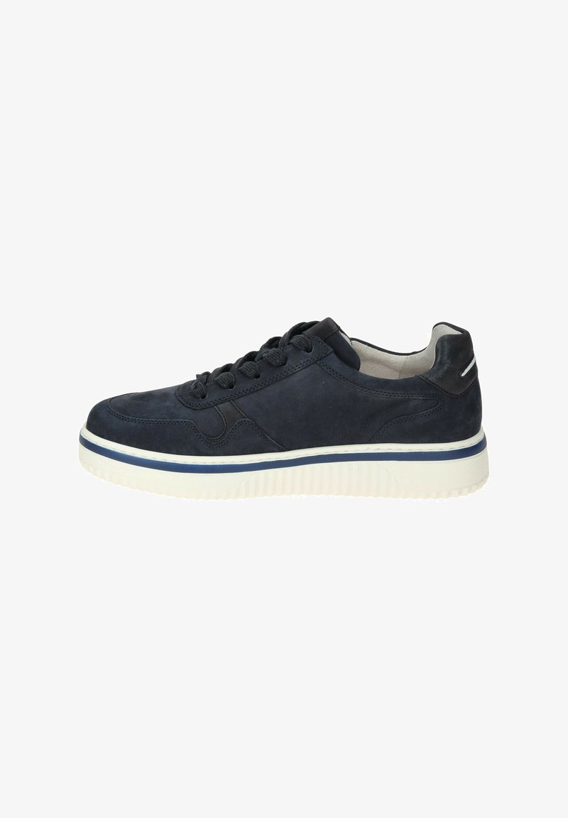 Navy blue suede sneaker with round toe, textured upper, six eyelets, and white rubber sole featuring a navy stripe. Minimalist design, no visible logos.
