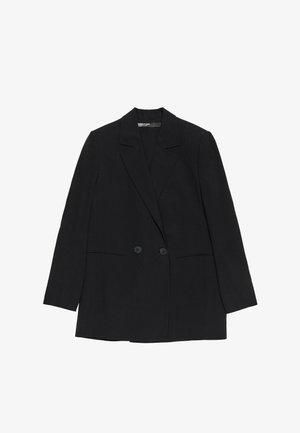 Schwarzer, doppelt geknöpfter Blazer aus strukturiertem Stoff, mit Reverskragen, zwei vorderen Taschen und schwarzen Knopfverschlüssen.