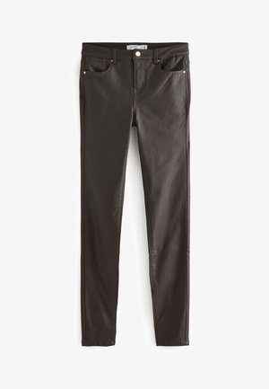 Donkerbruine skinny jeans met hoge taille, voor- en achterzakken, riemlussen en een knoopsluiting.