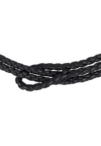Black braided leather cord with a textured surface, formed into multiple loops, showcasing a smooth, glossy finish.