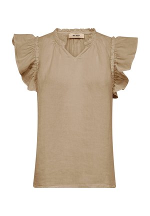 Bluză bej fără mâneci, cu mâneci scurte cu volane, decolteu rotund cu volane și o tăietură subtilă în formă de V în față.