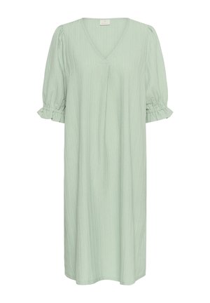 Mint green dress with a v-neckline and short puff sleeves. Features a relaxed fit and subtle vertical stripes in the fabric texture.