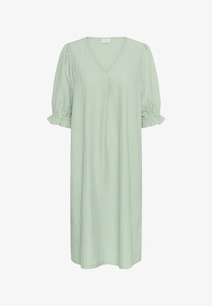 Mint green dress with a v-neckline and short puff sleeves. Features a relaxed fit and subtle vertical stripes in the fabric texture.