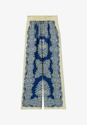 Pantalones anchos en azul y crema con un patrón floral y de paisley, que presentan una cinturilla elástica fruncida y acentos de lunares.