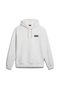 Sudadera blanca con capucha, hecha de un tejido suave. Cuenta con un bolsillo tipo canguro en la parte frontal y una pequeña etiqueta negra en el pecho. Diseño clásico y corte relajado.