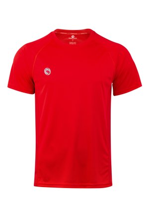 T-shirt de sport rouge en tissu léger. Doté de manches courtes, d'un col rond et d'un petit logo sur le côté gauche à l'avant.