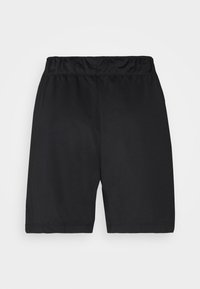 Svarta knälånga shorts med elastisk midja och utan synliga logotyper eller mönster på en enfärgad ljus bakgrund.