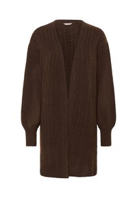 Cardigan en tricot marron avec un décolleté en V profond, featuring des motifs en cable texturés, des manches longues et des poignets côtelés. Design à l'avant ouvert.