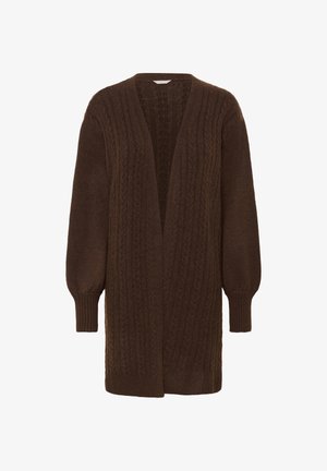 Brūns adīts džemperis ar dziļu V-veida kaklu, kuram ir teksturēti kabeļu raksti, garas piedurknes un ribotas aproces. Atvērta priekšpuse.