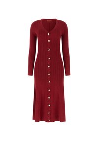 Midikleid aus geripptem Strick mit langen Ärmeln in tiefem Rot, mit V-Ausschnitt und einer vorderen Reihe unregelmäßig geformter Metallknöpfe.