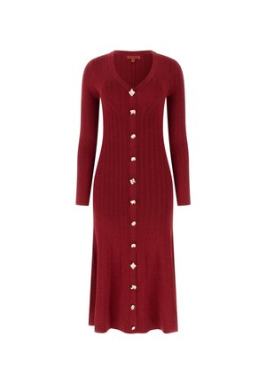 Midikleid aus geripptem Strick mit langen Ärmeln in tiefem Rot, mit V-Ausschnitt und einer vorderen Reihe unregelmäßig geformter Metallknöpfe.
