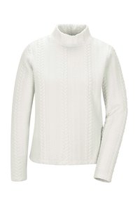 Weißer gestrickter Pullover mit hohem Kragen, der ein strukturiertes Zopfmuster aufweist. Lange Ärmel und eine lockere Passform. Weiches Material.