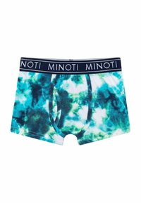 Muški bokserice u tie-dye uzorku, s nijansama tirkizne i tamnoplave. Mekani pamučni materijal s tamnoplavim pojasom na kojem je ispisano "MINOTI."
