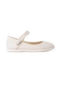 Ballet flat en toile beige avec un bout rond, une bride sur le coup de pied et une surface texturée. Semelle souple et flexible.