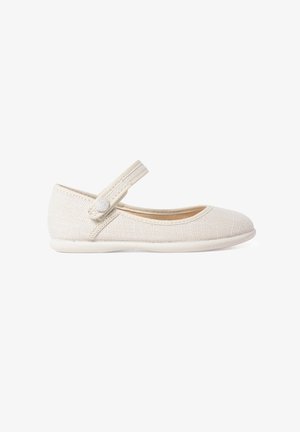 Ballet flat en toile beige avec un bout rond, une bride sur le coup de pied et une surface texturée. Semelle souple et flexible.