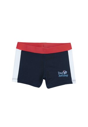 Granatowe spodenki kąpielowe z czerwoną gumką w pasie, białymi paskami po bokach oraz napisem "Dino holiday" i grafiką dinozaura z przodu.