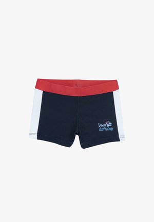 Short de bain bleu marine avec taille rouge, rayures blanches sur les côtés et texte "Dino holiday" avec un graphisme de dinosaure à l'avant.