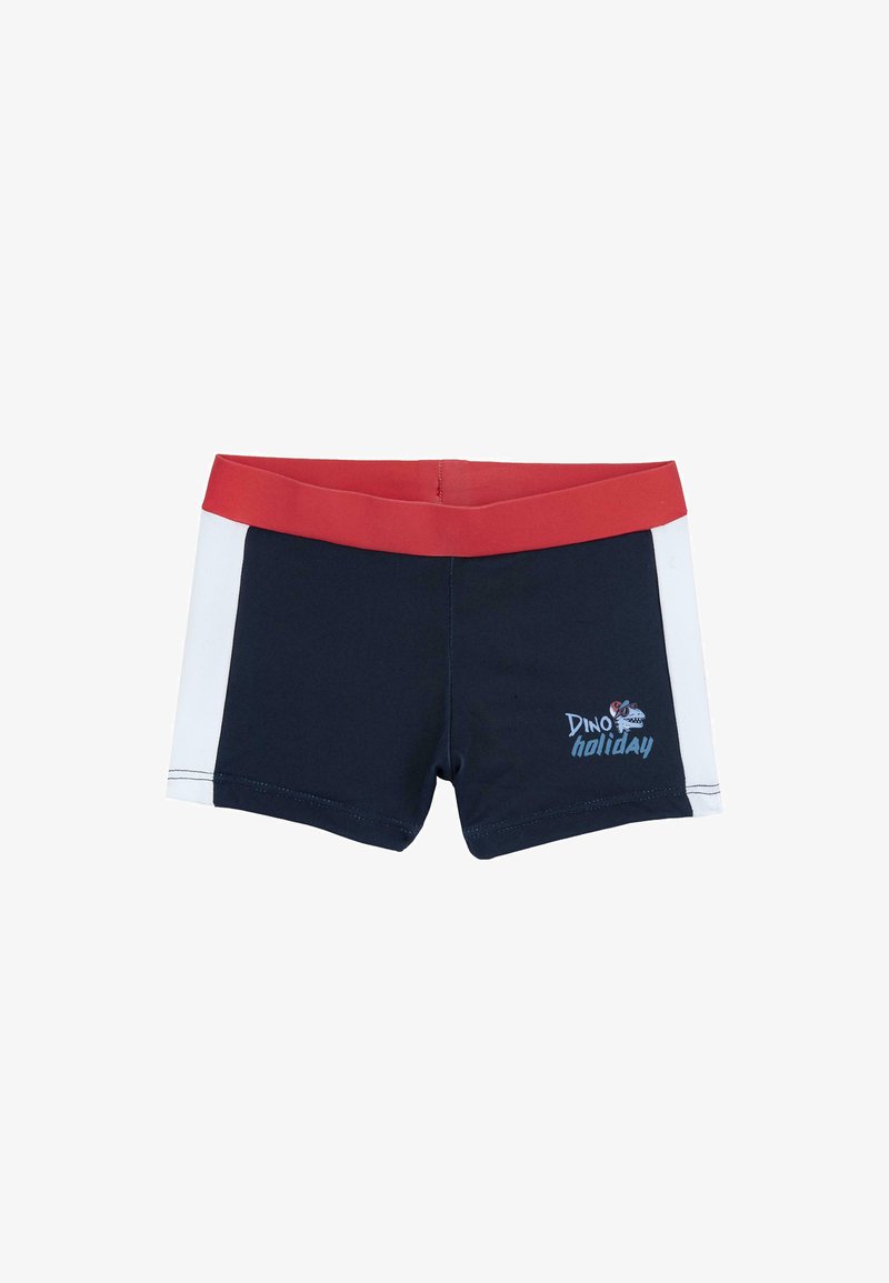Short de bain bleu marine avec taille rouge, rayures blanches sur les côtés et texte "Dino holiday" avec un graphisme de dinosaure à l'avant.