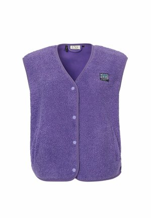 Paarse fleece vest met een v-hals, drukknoopsluiting en zijzakken. Voering van paarse stof, met een merkembleem op de linker bovenkant.