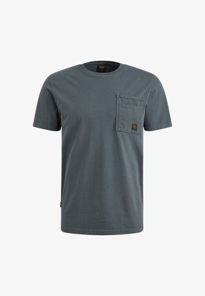 Dark gray cotton t-shirt with short sleeves, round neckline, and left chest pocket featuring a rectangular patch label.
