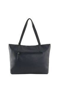 Sac fourre-tout en cuir marine avec deux longues poignées, surface texturée et poche zippée à l'avant. Forme rectangulaire avec un intérieur spacieux.