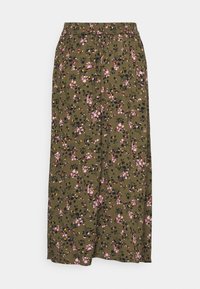 Saia midi floral em tecido verde-oliva, apresentando padrões de flores em rosa, preto e vermelho, com uma cintura elástica para conforto.