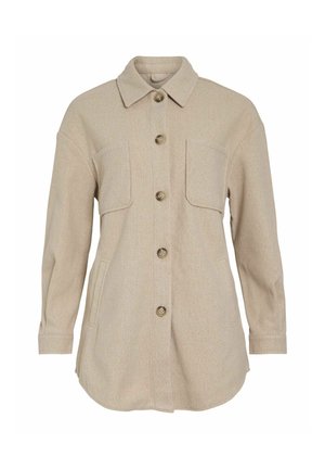Beige button-up shirt jacket made of textured fabric, featuring a collar, two front pockets, and a rounded hem. Buttons are light brown.