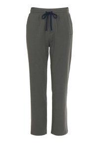 Grå loungbukser lavet af blødt stof, med snøre i taljen, lige ben og en diskret logo detalje på den ene side.