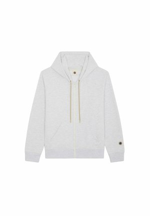 Sweat à capuche gris clair à fermeture éclair avec poches avant, capuche à cordon de serrage et petit écusson rond sur le poignet de la manche gauche.