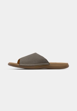 Hallid hallist nahast plätud avatud varbaga, pehme tallaga ja dekoratiivse õmblusega servas. Minimalistlik disain.