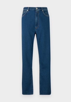 Modre jeans iz denima z visokim pasom, ravnim krojem, petimi žepi in kontrastnim oranžnim šivom. Gladka tekstura.