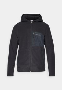 Black full-zip Columbia fleece hoodie with a hood and a zippered chest pocket featuring the Columbia logo in white.