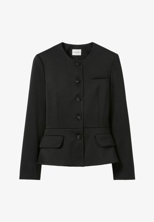 Chaqueta negra a medida con cuello redondo, botones frontales y dos bolsillos delanteros, adecuada para atuendos formales o profesionales.