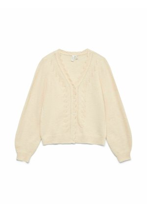 Cremfarbener Cardigan mit V-Ausschnitt, aufwendigen Strickdetails und sechs Knöpfen auf der Vorderseite. Weicher Stoff und lange Ärmel.